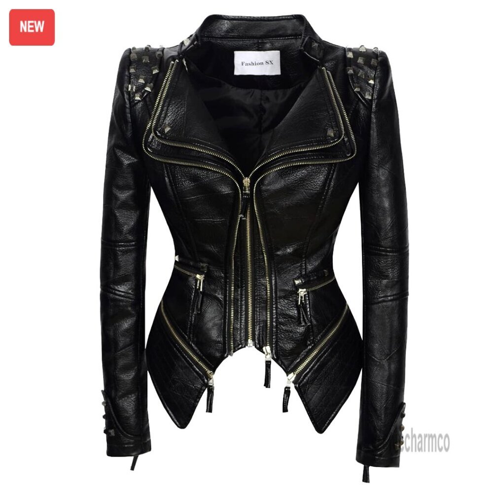 Faux Leather Biker Jacket with Stud Details, Removable Buckles